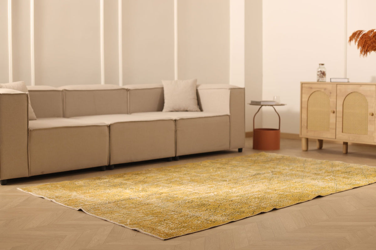 Vintage Isparta Turkish Area Rug 6x9 ft — Yellow & Beige Floral