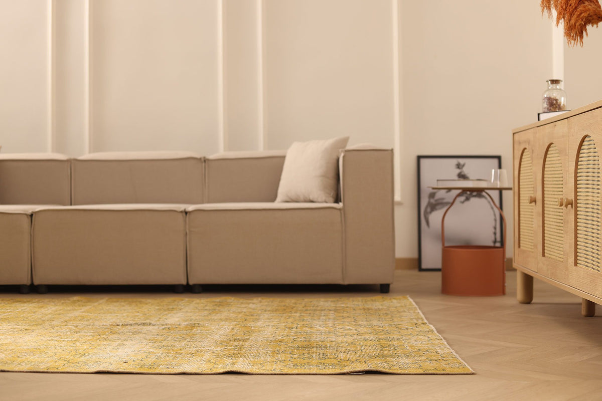 Vintage Isparta Turkish Area Rug 6x9 ft — Yellow & Beige Floral