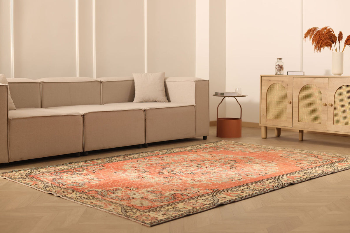 Vintage Manisa Turkish Area Rug 6x9 ft — Orange & Beige Floral
