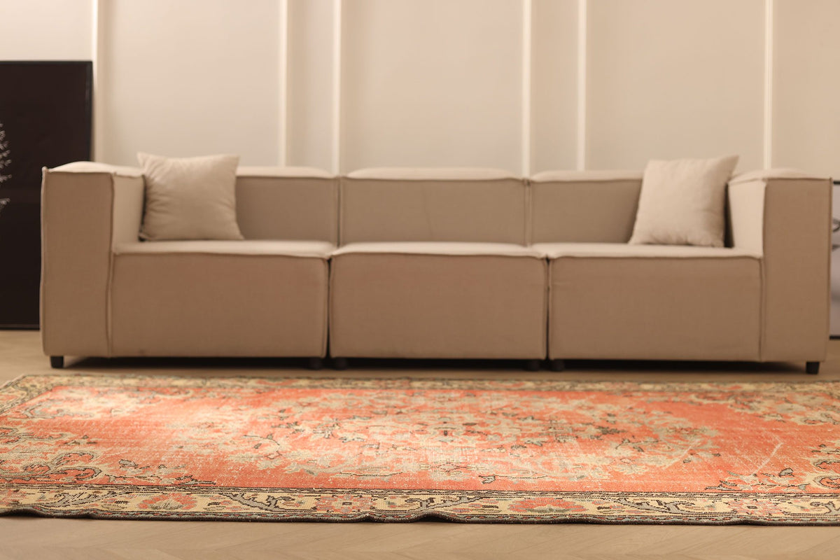 Vintage Manisa Turkish Area Rug 6x9 ft — Orange & Beige Floral