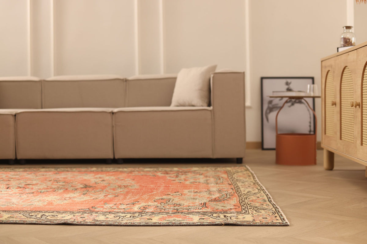 Vintage Manisa Turkish Area Rug 6x9 ft — Orange & Beige Floral