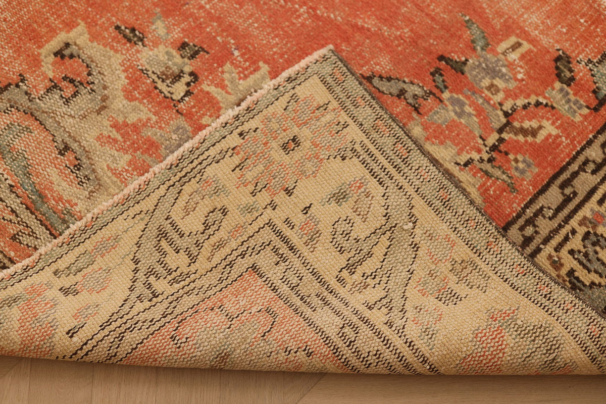 Vintage Manisa Turkish Area Rug 6x9 ft — Orange & Beige Floral