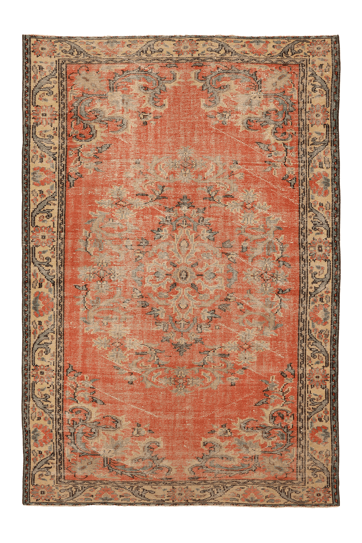 Vintage Manisa Turkish Area Rug 6x9 ft — Orange & Beige Floral