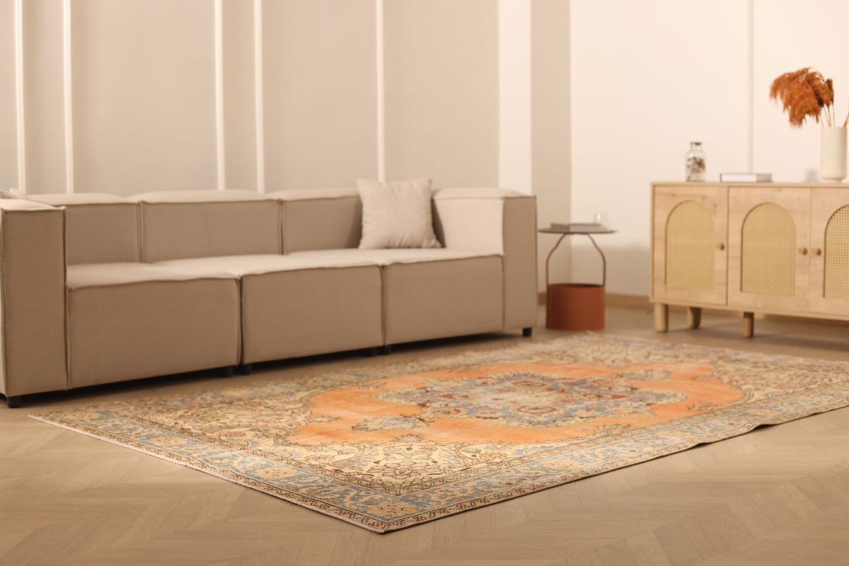 Vintage Isparta Turkish Area Rug 6x10 ft — Orange & Beige Floral