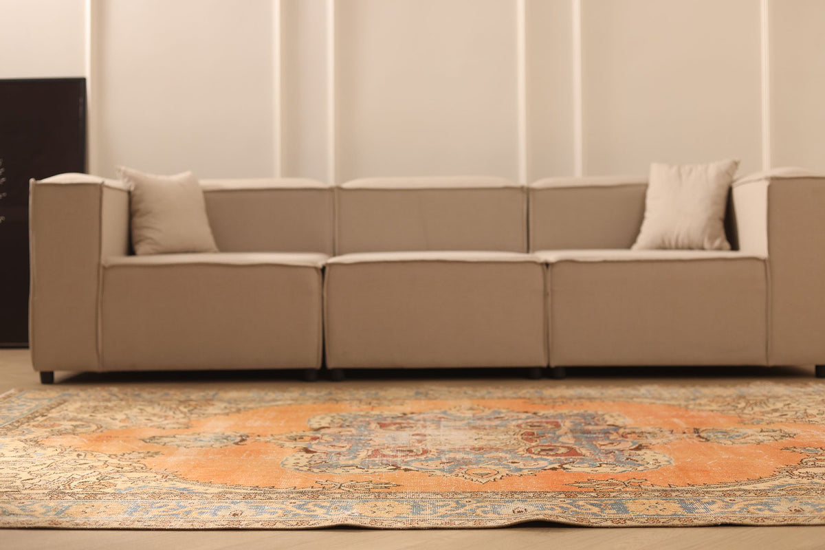 Vintage Isparta Turkish Area Rug 6x10 ft — Orange & Beige Floral