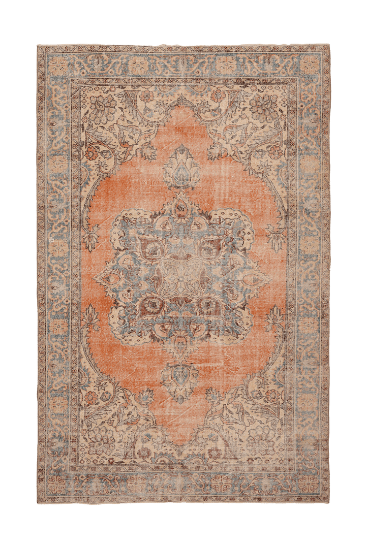 Vintage Isparta Turkish Area Rug 6x10 ft — Orange & Beige Floral