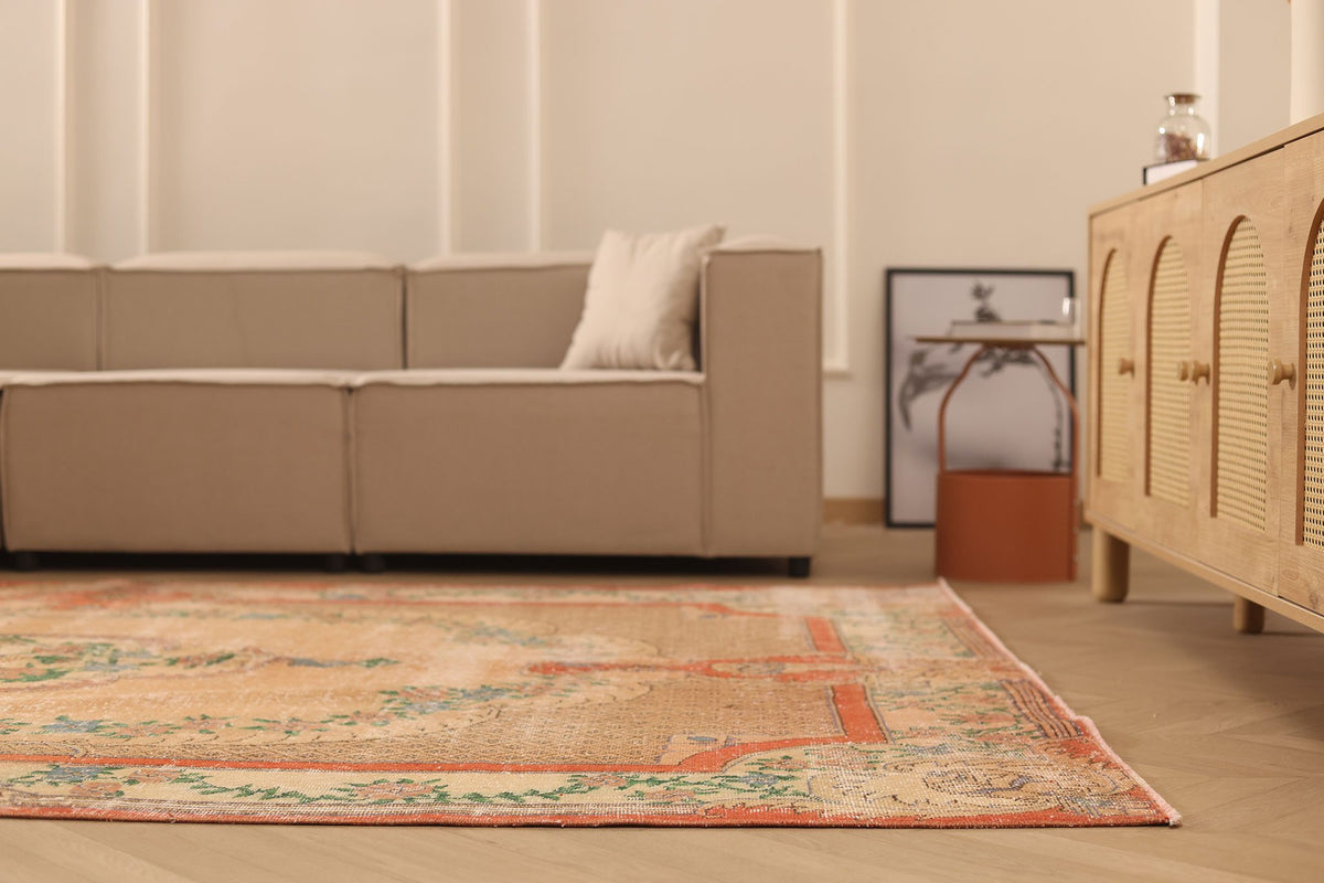Vintage Isparta Turkish Area Rug 7x10 ft — Beige & Red Floral