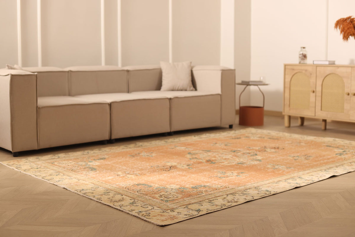 Vintage Isparta Turkish Area Rug 7x10 ft — Orange & Beige Floral