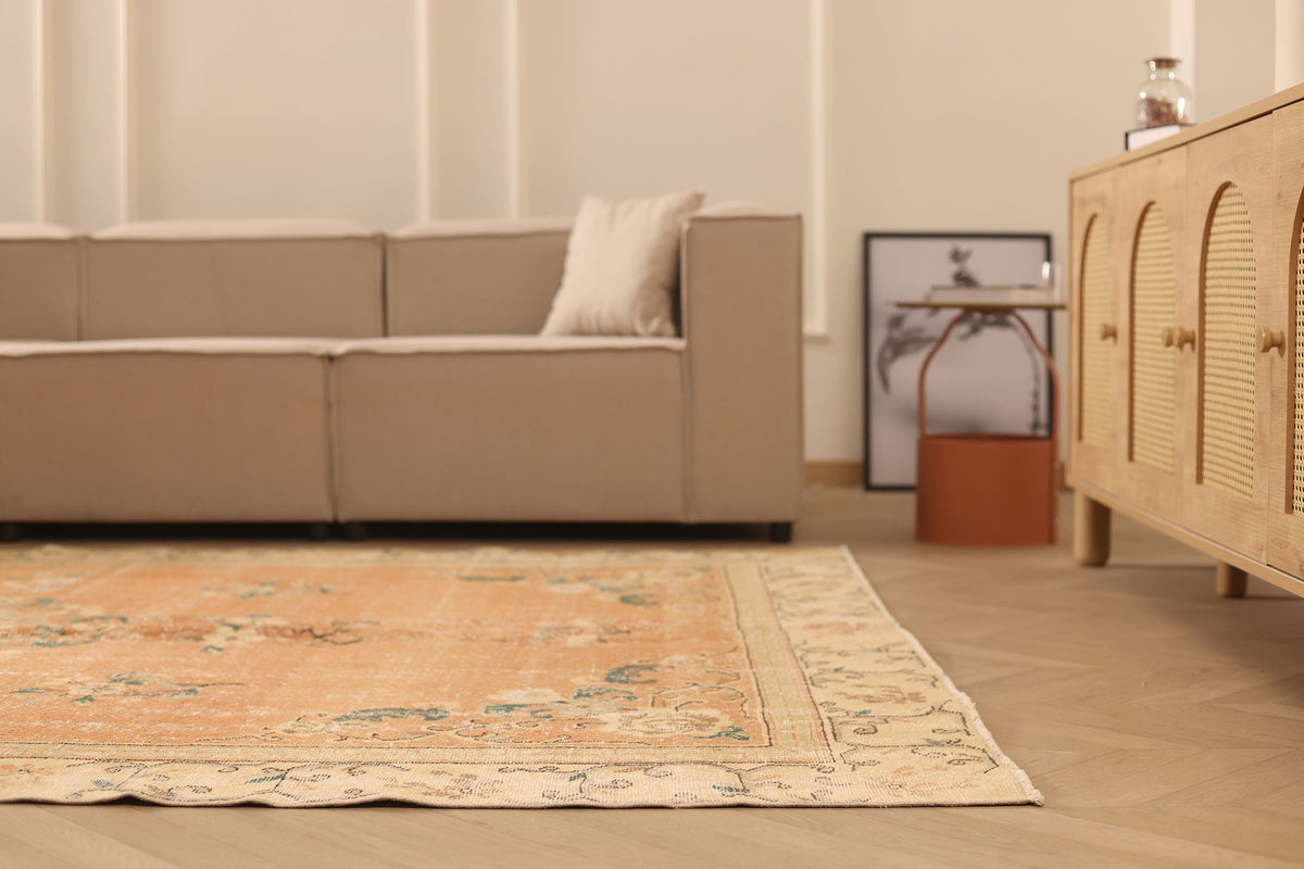 Vintage Isparta Turkish Area Rug 7x10 ft — Orange & Beige Floral