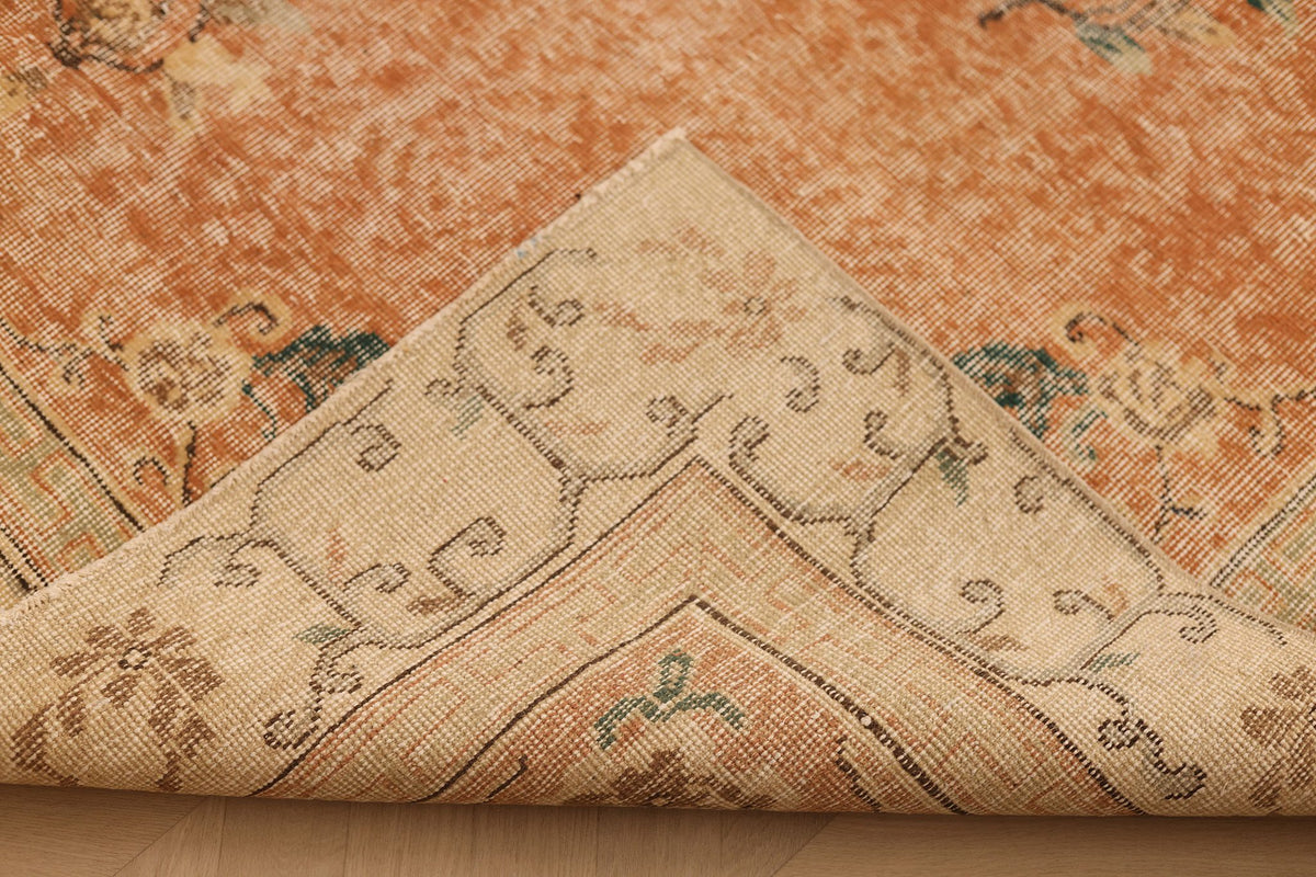 Vintage Isparta Turkish Area Rug 7x10 ft — Orange & Beige Floral