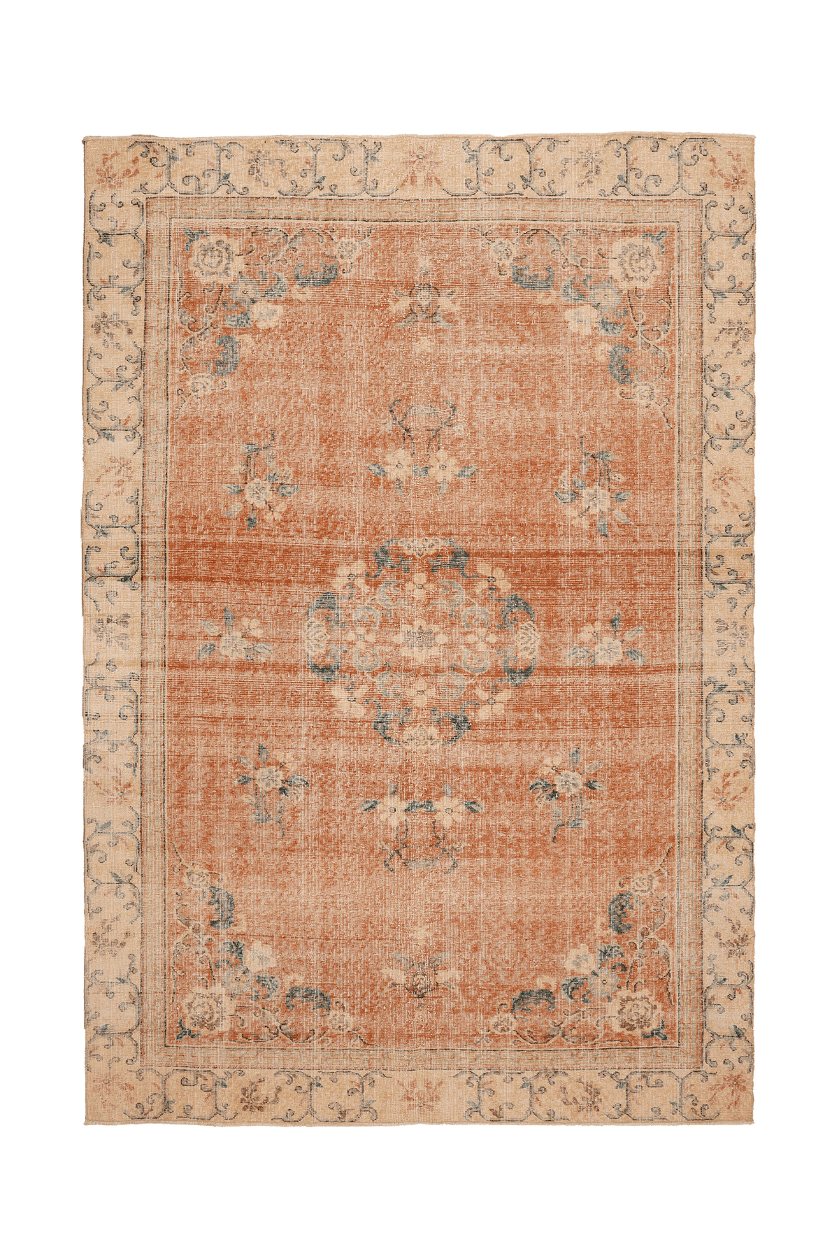 Vintage Isparta Turkish Area Rug 7x10 ft — Orange & Beige Floral
