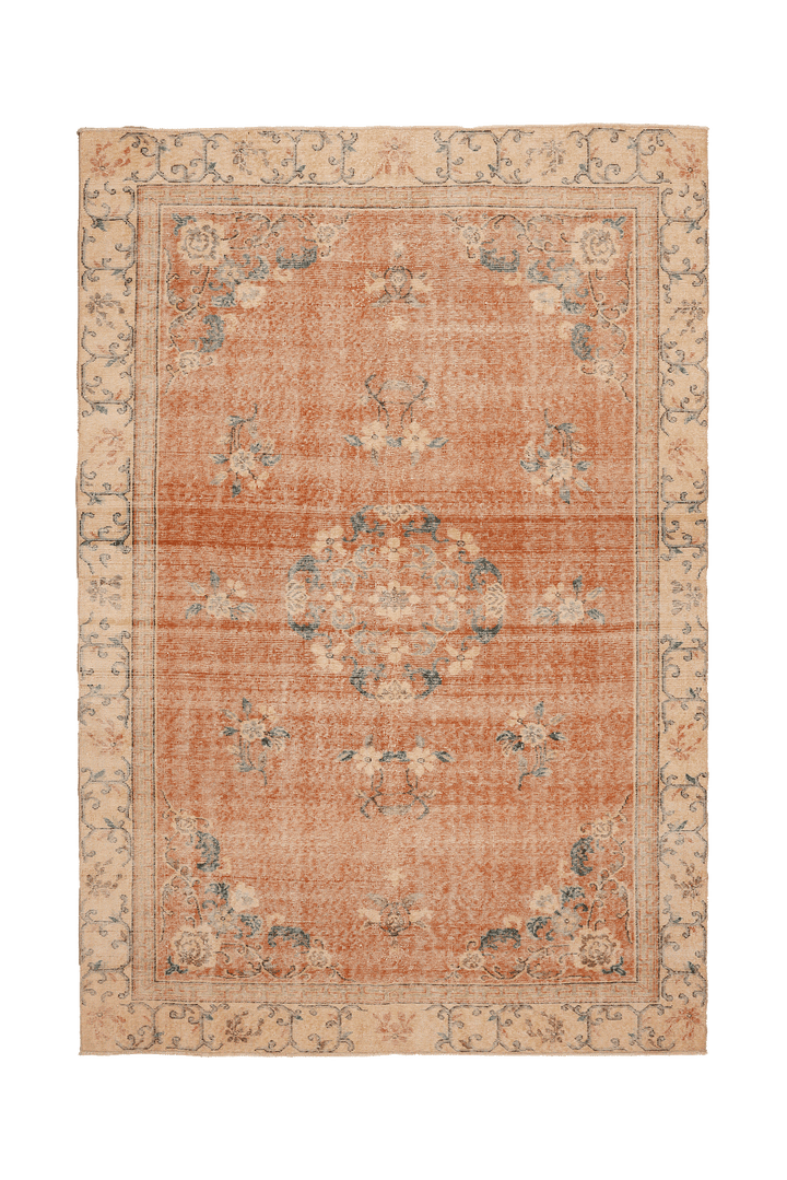 Vintage Isparta Turkish Area Rug 7x10 ft — Orange & Beige Floral