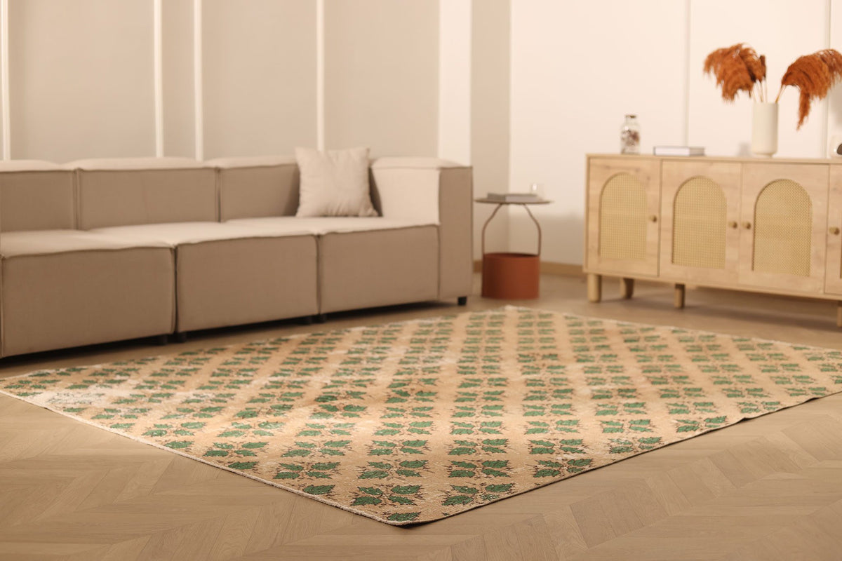 Vintage Isparta Turkish Area Rug 7x9 ft — Beige & Green Floral