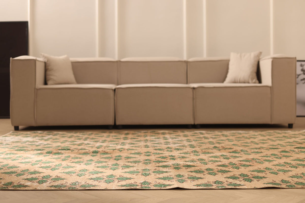 Vintage Isparta Turkish Area Rug 7x9 ft — Beige & Green Floral