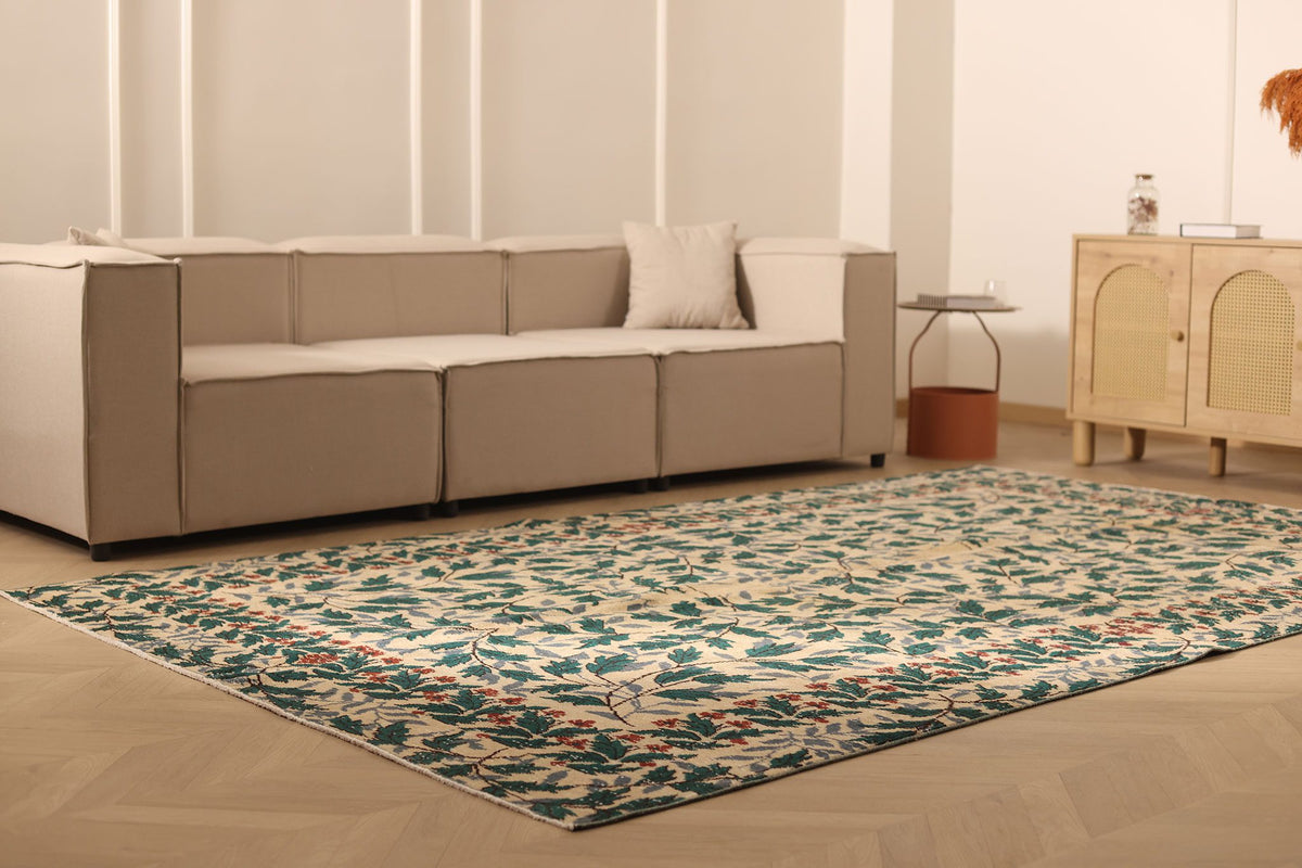 Vintage Isparta Turkish Area Rug 7x11 ft — Beige & Green Floral