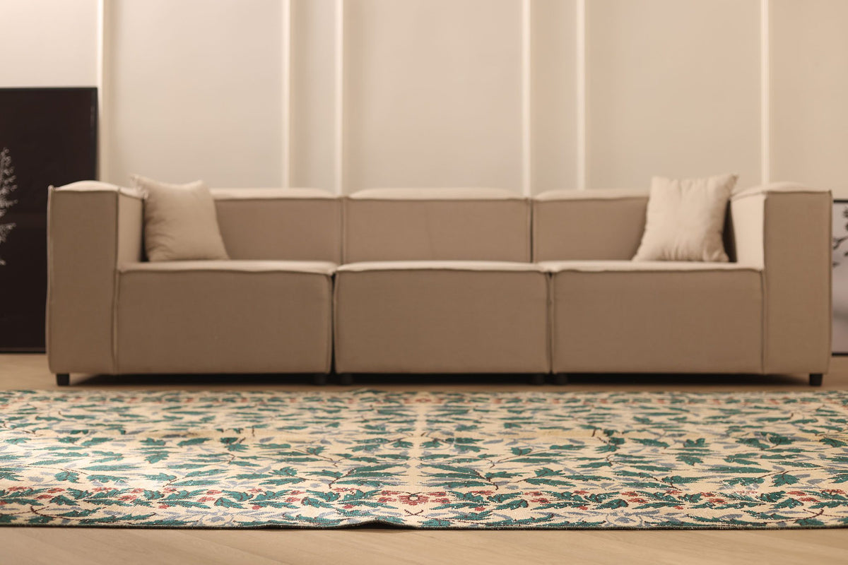 Vintage Isparta Turkish Area Rug 7x11 ft — Beige & Green Floral