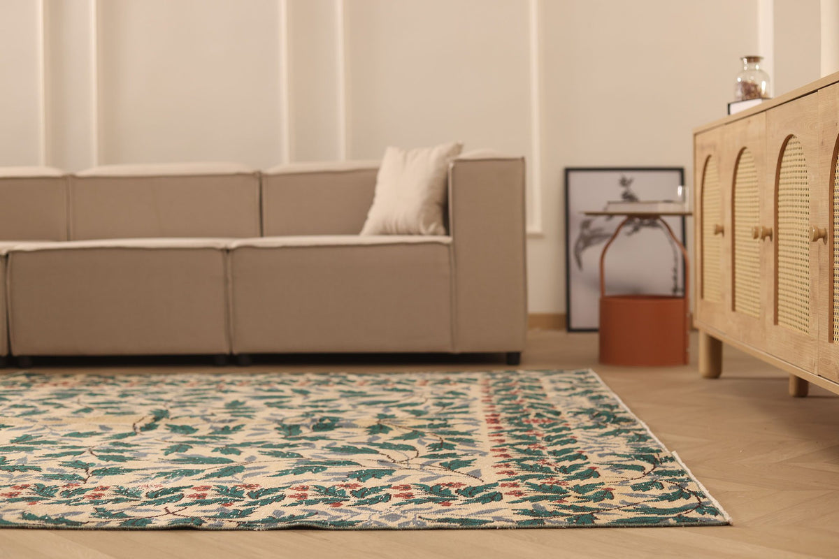 Vintage Isparta Turkish Area Rug 7x11 ft — Beige & Green Floral