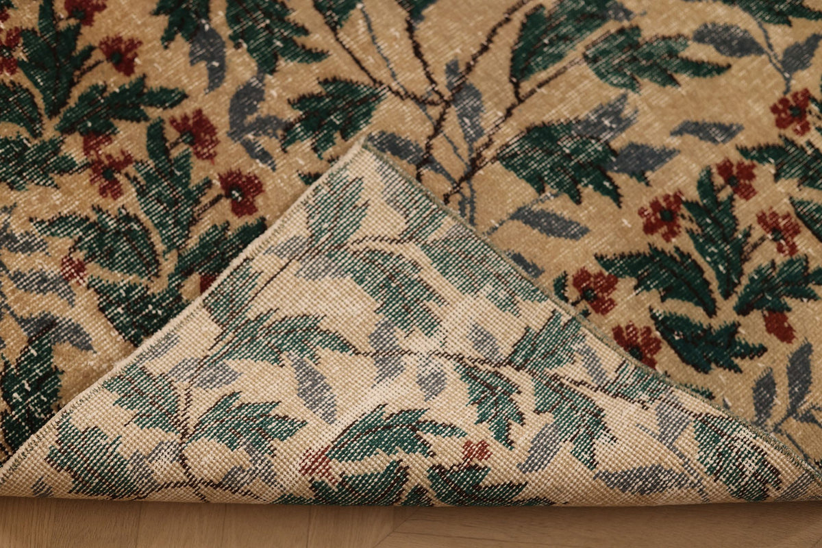 Vintage Isparta Turkish Area Rug 7x11 ft — Beige & Green Floral