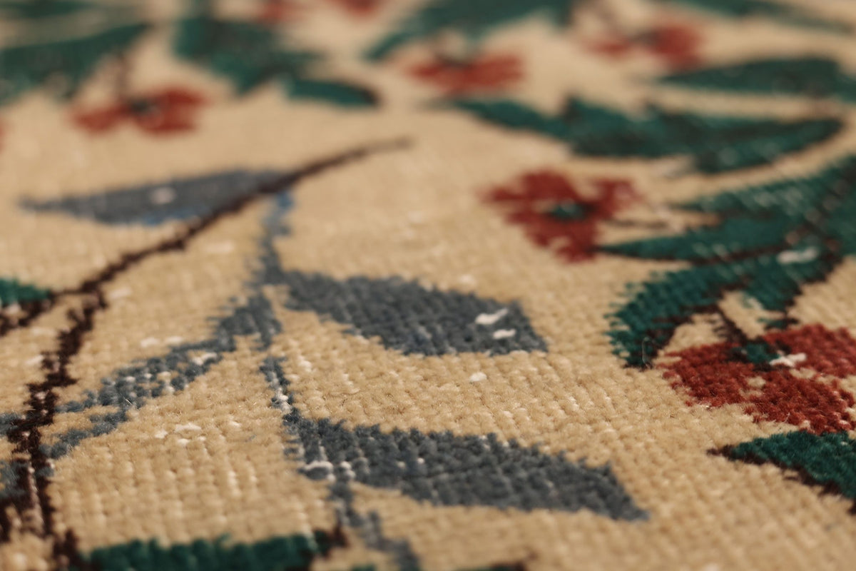 Vintage Isparta Turkish Area Rug 7x11 ft — Beige & Green Floral