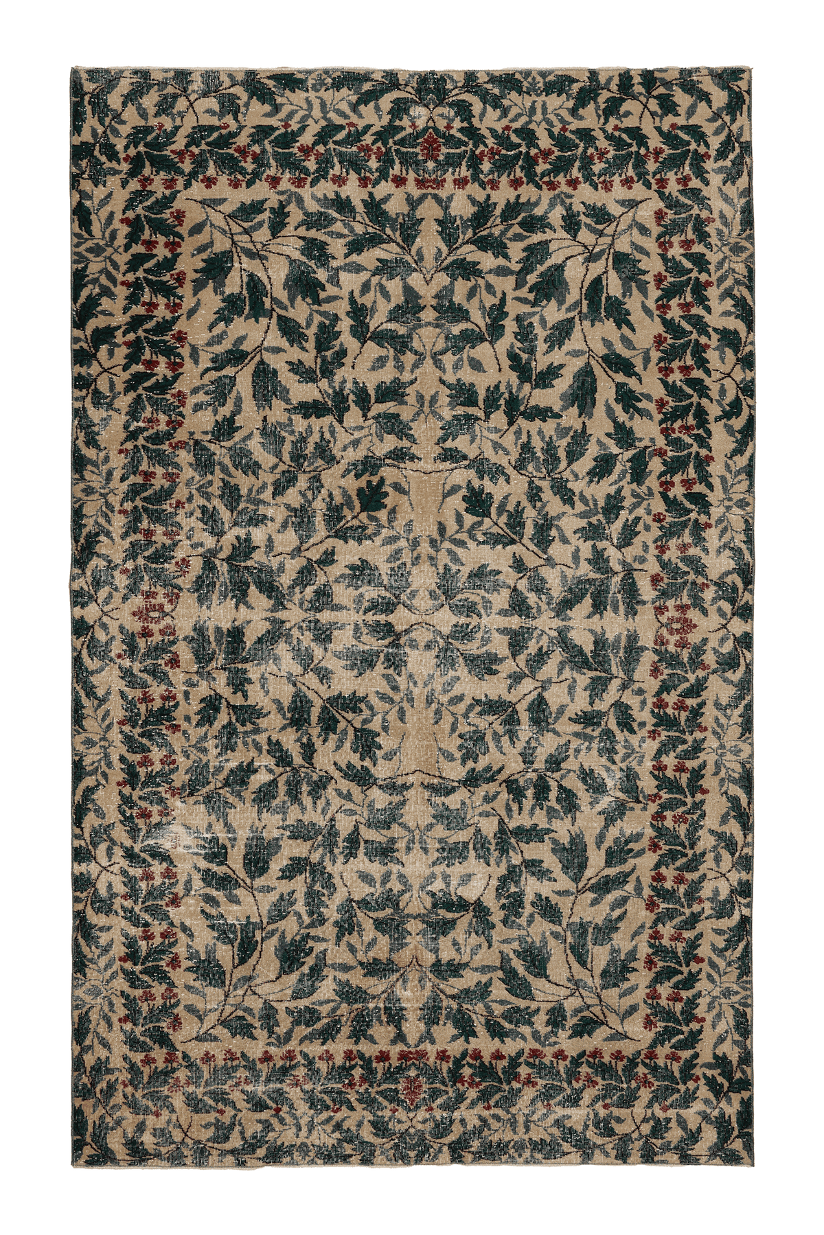 Vintage Isparta Turkish Area Rug 7x11 ft — Beige & Green Floral