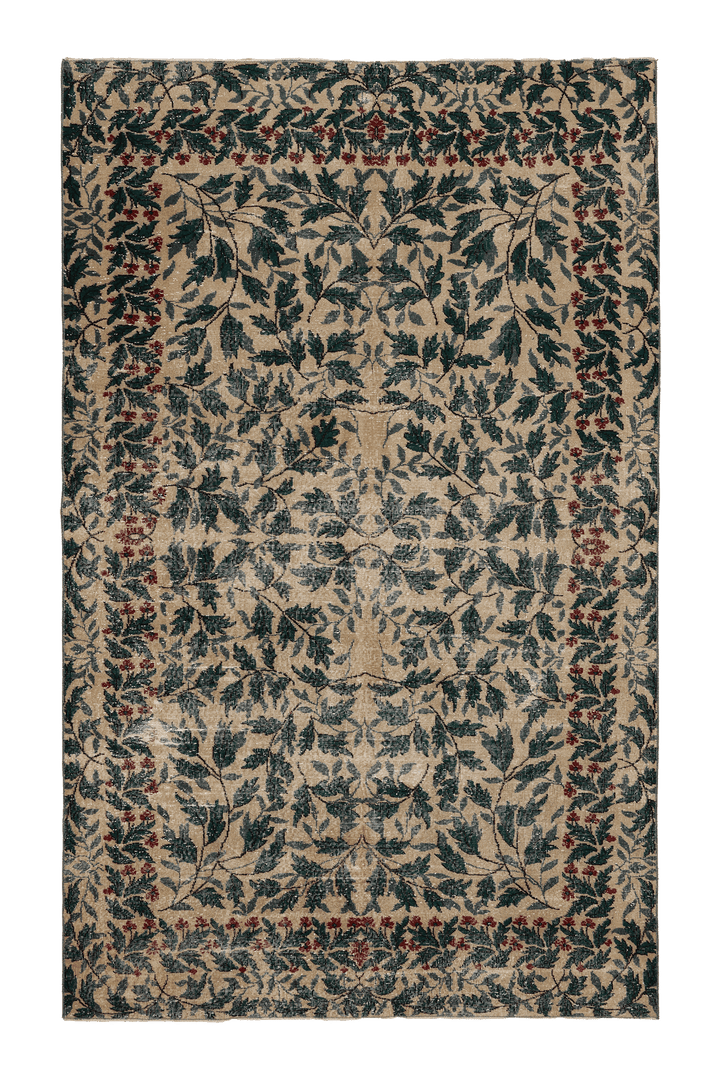 Vintage Isparta Turkish Area Rug 7x11 ft — Beige & Green Floral
