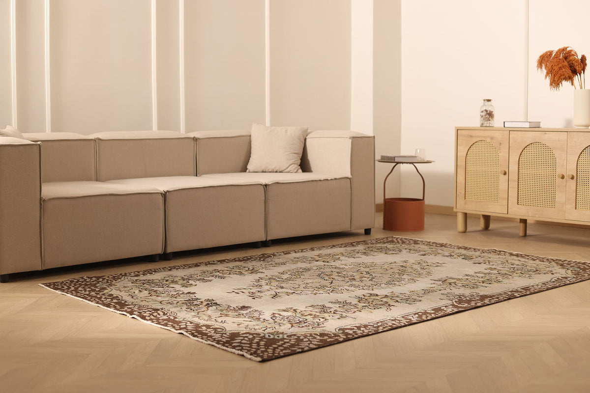 Vintage Isparta Turkish Area Rug 6x9 ft — Beige & Brown Floral