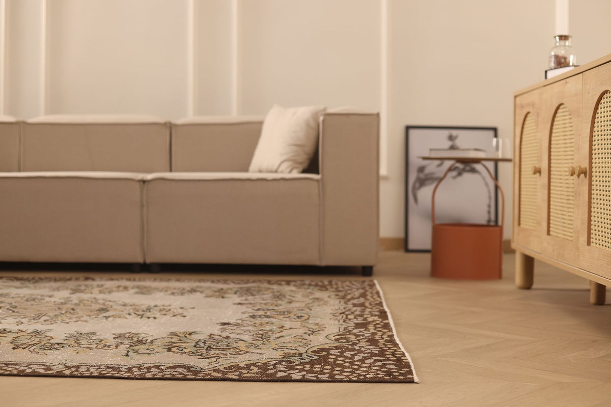 Vintage Isparta Turkish Area Rug 6x9 ft — Beige & Brown Floral