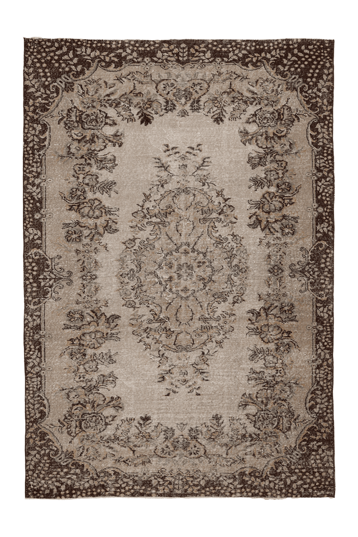 Vintage Isparta Turkish Area Rug 6x9 ft — Beige & Brown Floral