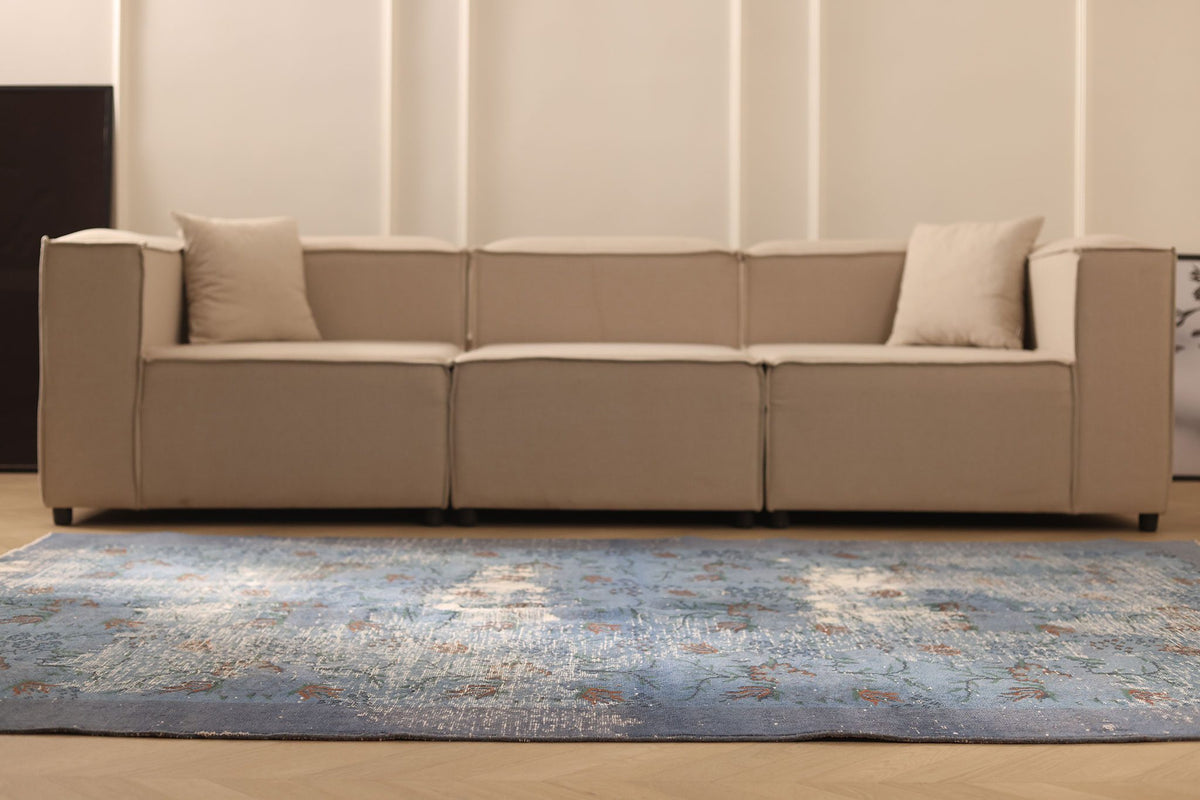 Vintage Isparta Turkish Area Rug 6x9 ft — Blue & Gray Floral