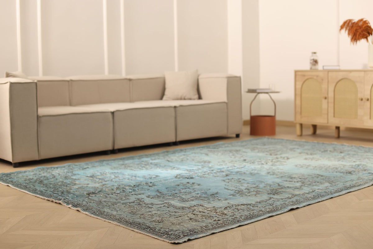 Vintage Isparta Turkish Area Rug 7x11 ft — Blue & Gray Floral