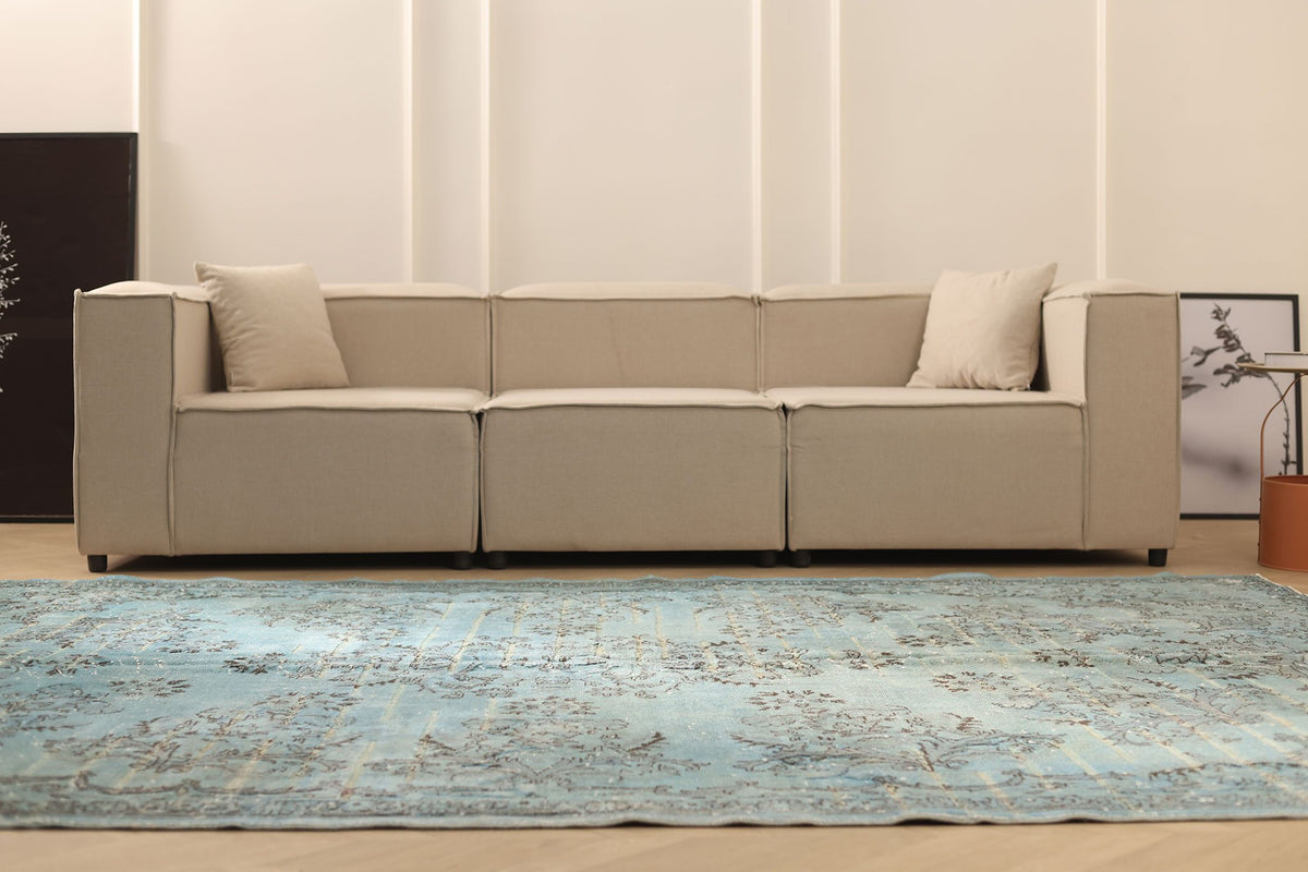 Vintage Isparta Turkish Area Rug 7x11 ft — Blue & Gray Floral
