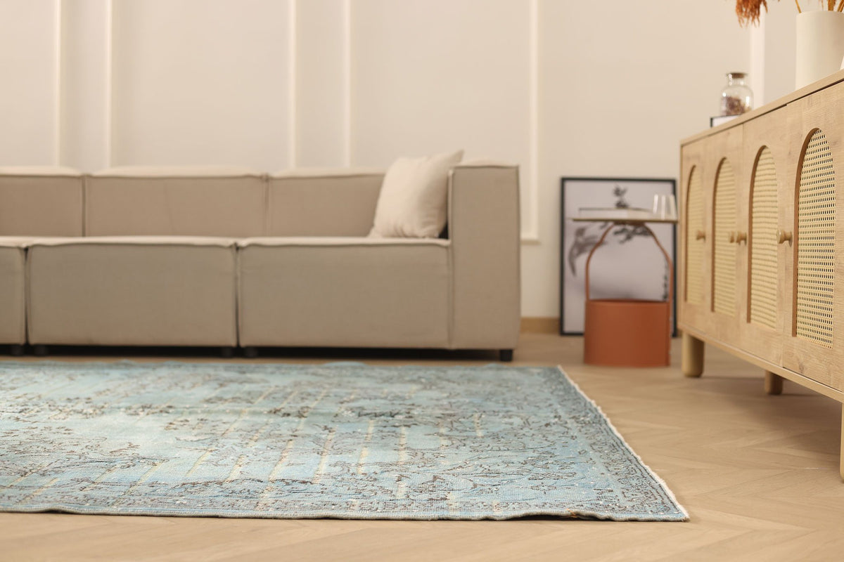 Vintage Isparta Turkish Area Rug 7x11 ft — Blue & Gray Floral