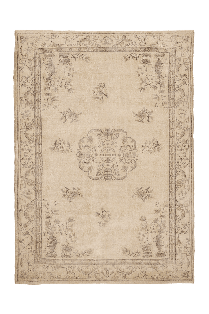 Vintage Isparta Turkish Area Rug 7x9 ft — Beige & Brown Floral