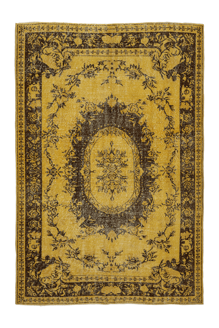 Vintage Isparta Turkish Area Rug 5x8 ft — Yellow & Brown Floral