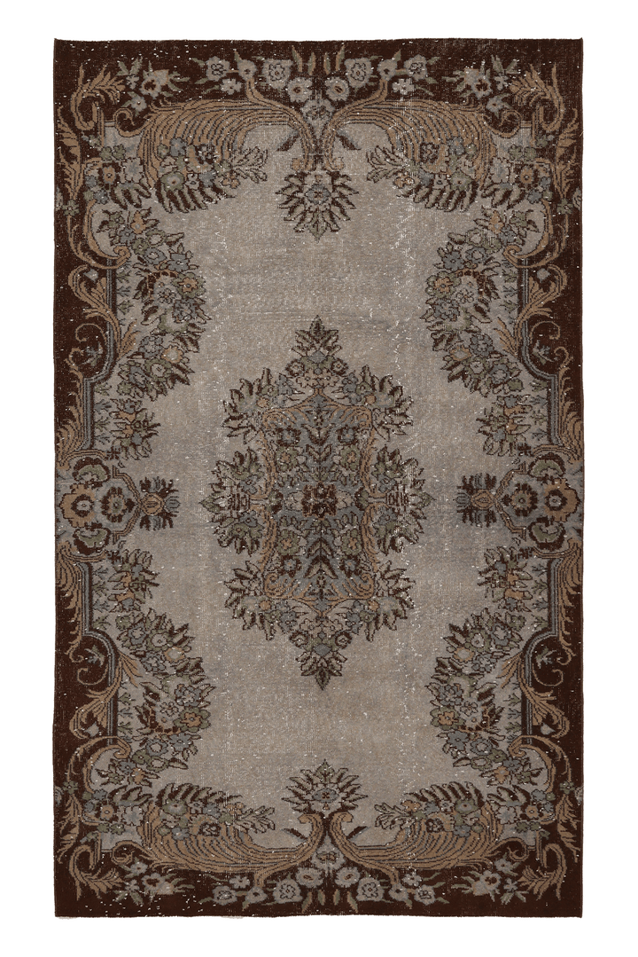 Vintage Isparta Turkish Area Rug 5x9 ft — Beige & Brown Floral (No. 35324)