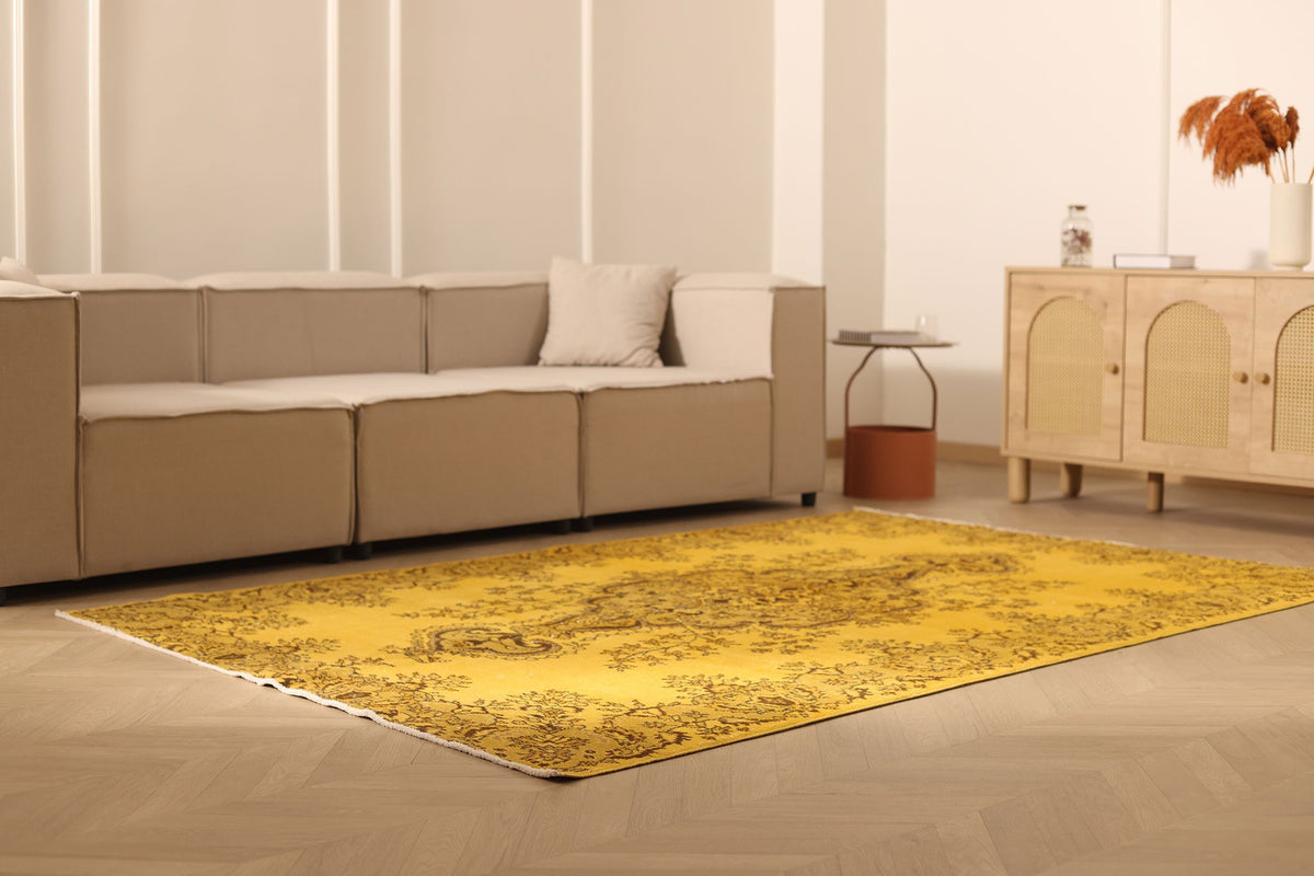 Vintage Isparta Turkish Area Rug 6x9 ft — Yellow & Brown Floral
