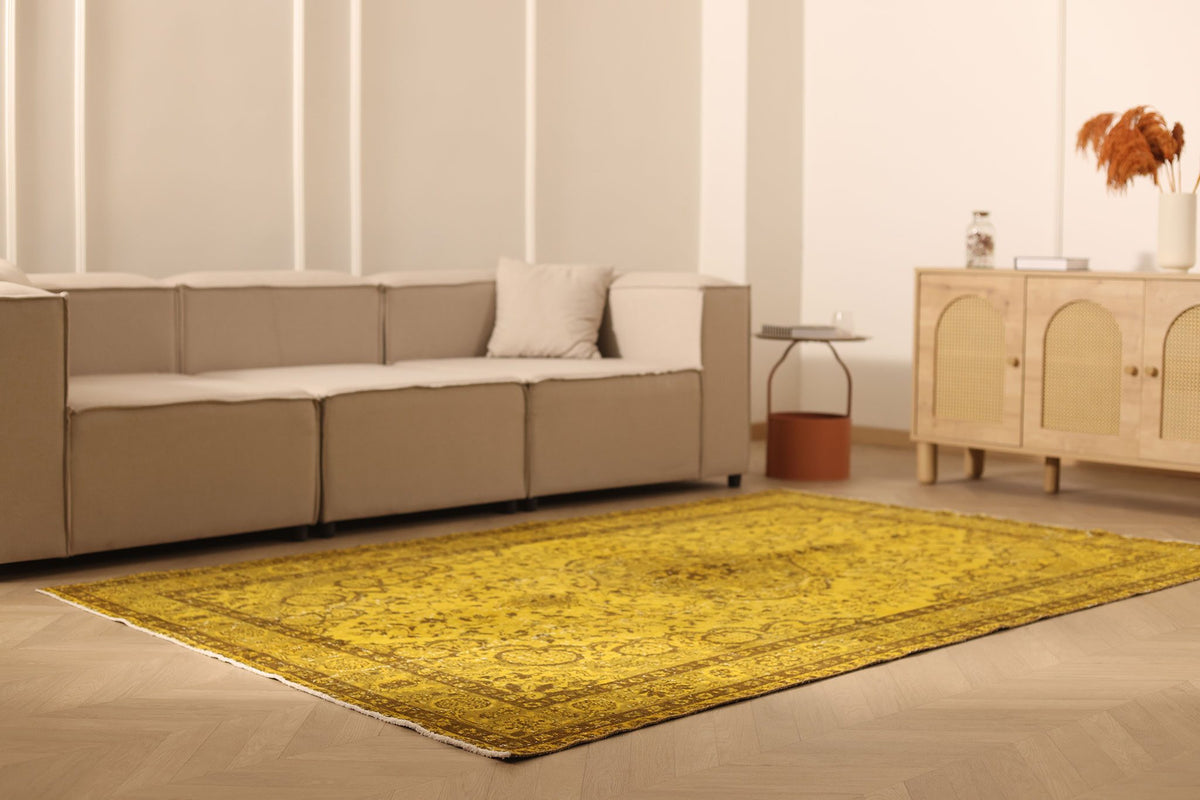 Vintage Isparta Turkish Area Rug 6x9 ft — Yellow & Brown Floral