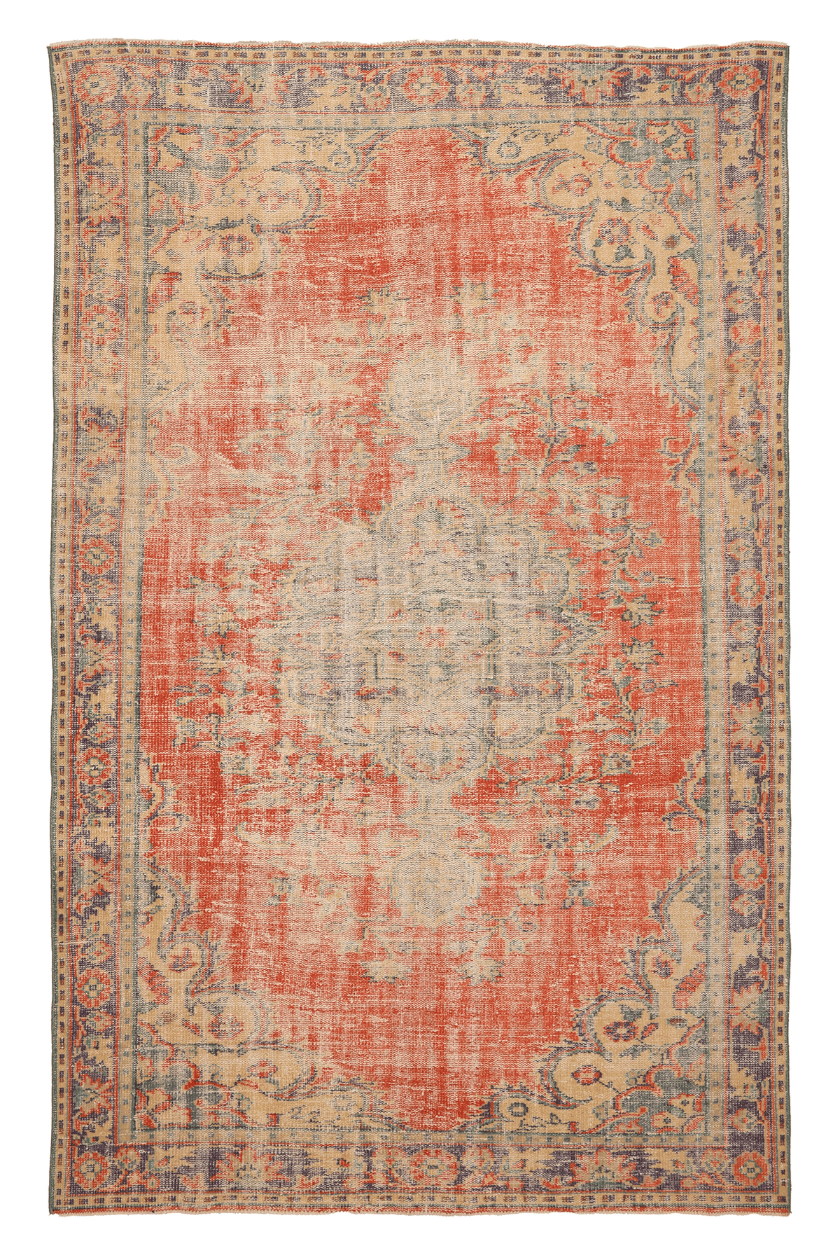 Vintage Manisa Turkish Area Rug 6x9 ft — Red & Beige Distressed