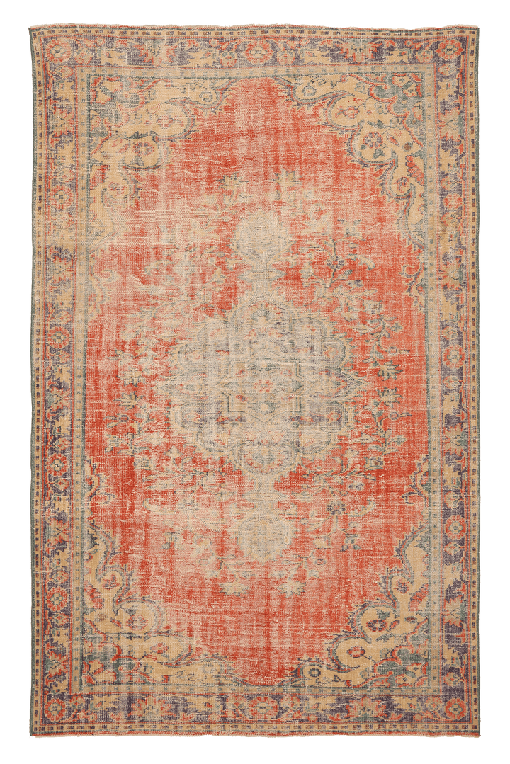 Vintage Manisa Turkish Area Rug 6x9 ft — Red & Beige Distressed