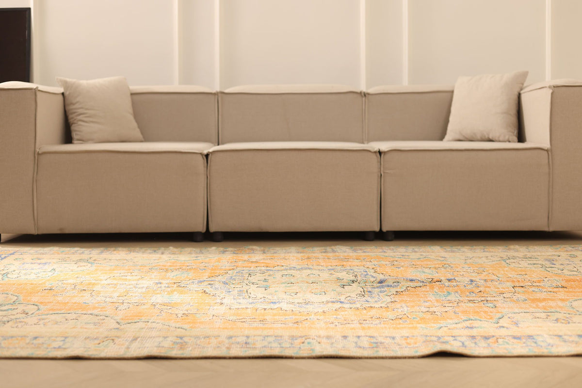 Vintage Manisa Turkish Area Rug 6x8 ft — Orange & Beige Floral