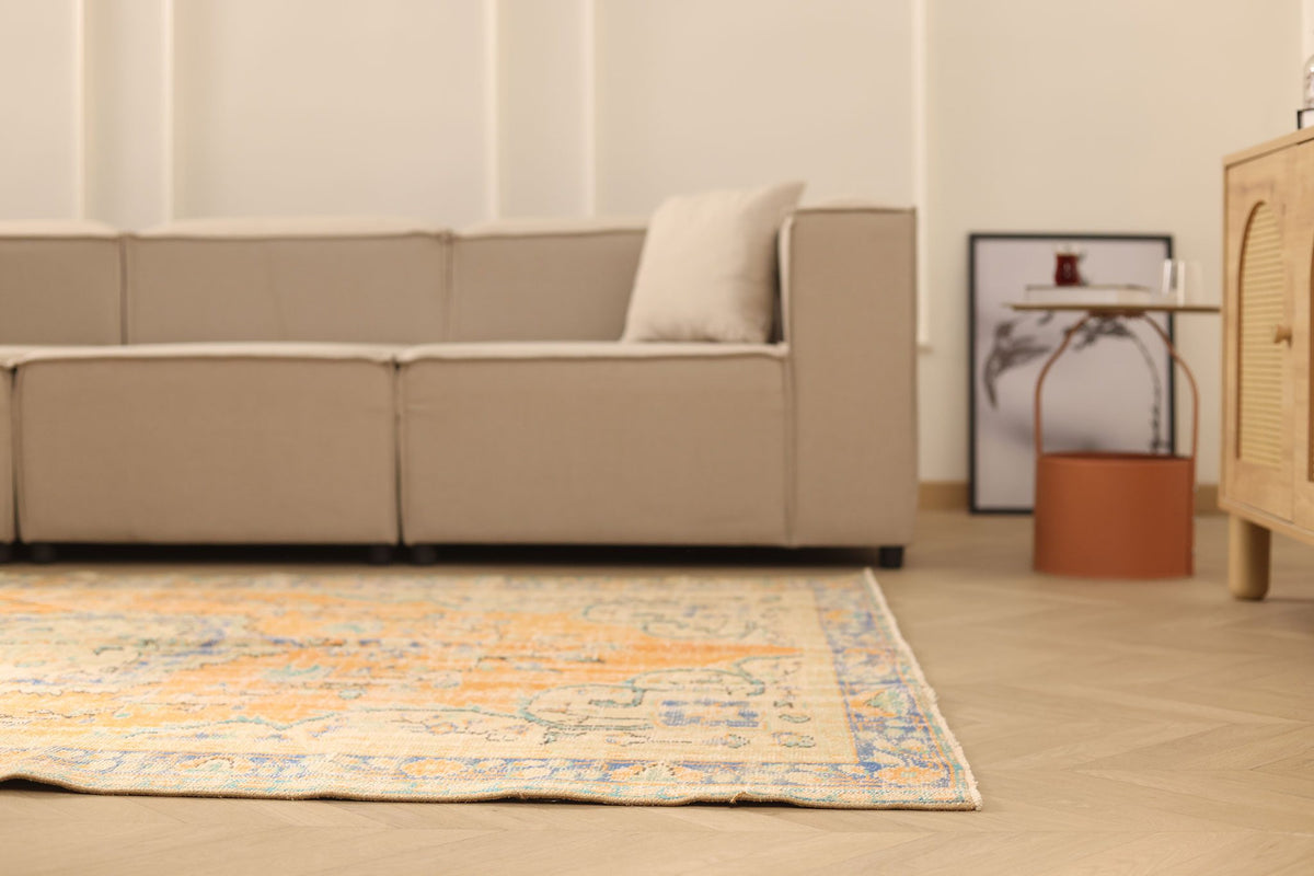Vintage Manisa Turkish Area Rug 6x8 ft — Orange & Beige Floral