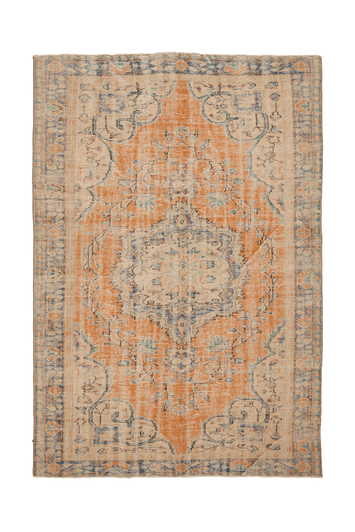 Vintage Manisa Turkish Area Rug 6x8 ft — Orange & Beige Floral