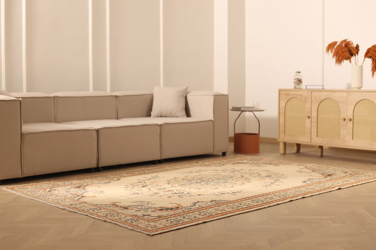Vintage Isparta Turkish Area Rug 6x9 ft — Beige & Brown Floral