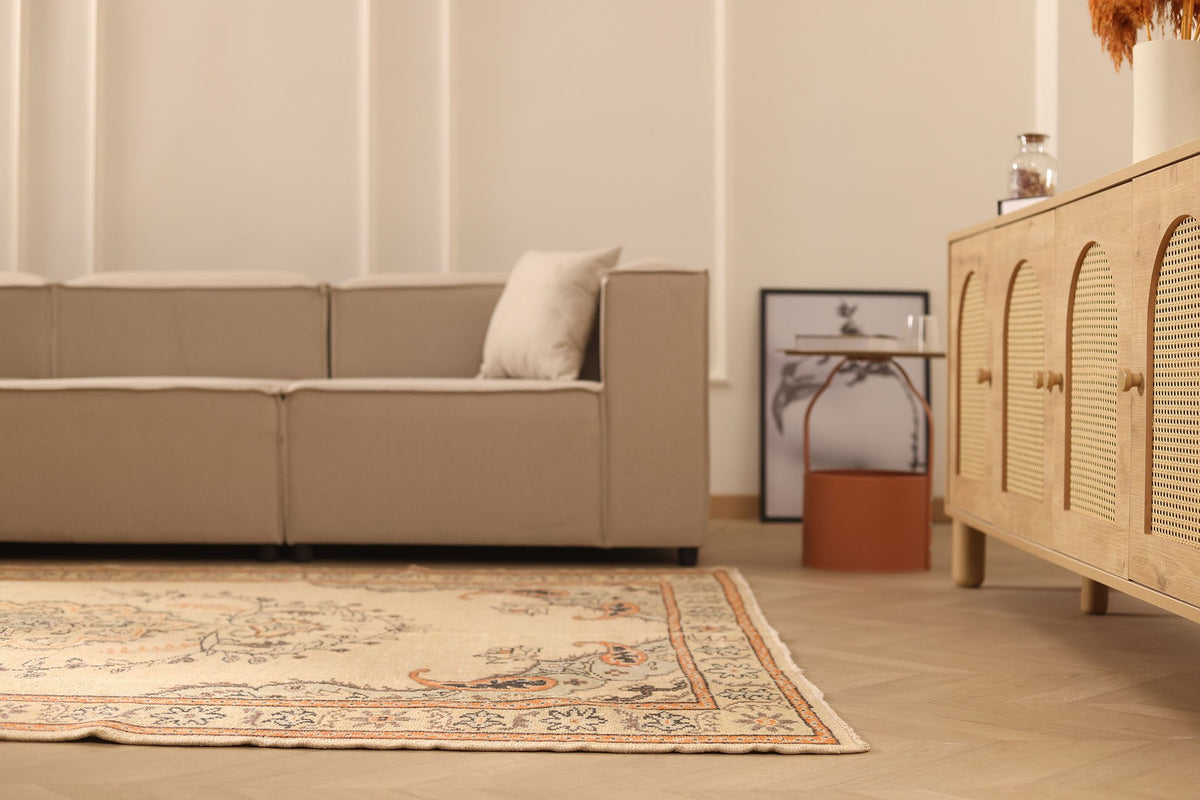 Vintage Isparta Turkish Area Rug 6x9 ft — Beige & Brown Floral
