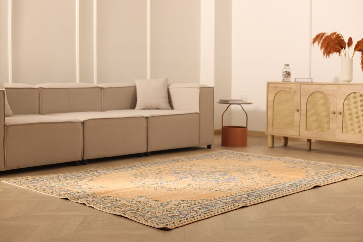 Vintage Manisa Turkish Area Rug 6x9 ft — Orange & Blue Floral