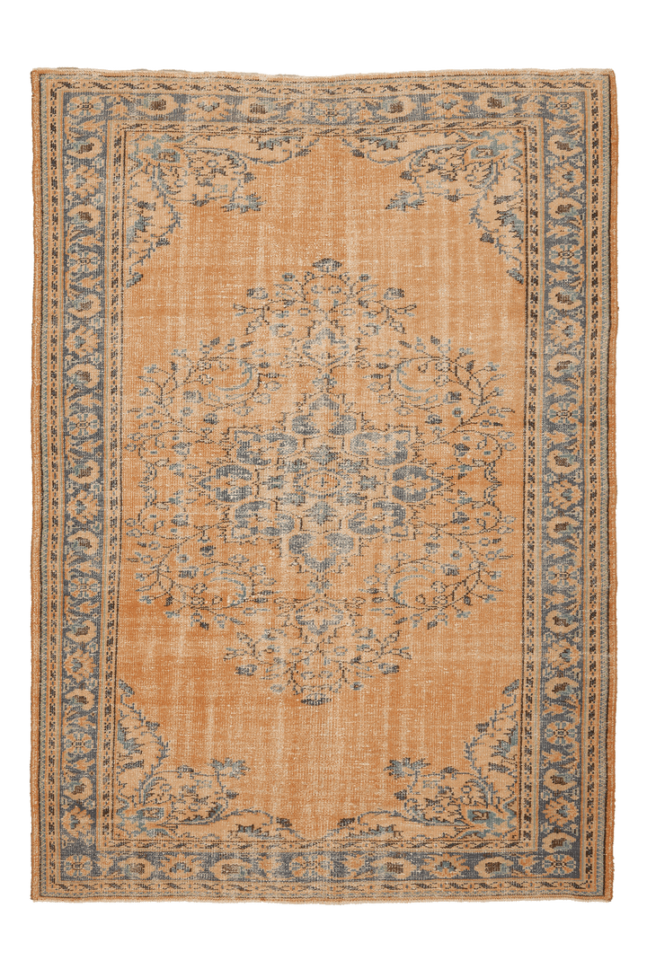 Vintage Manisa Turkish Area Rug 6x9 ft — Orange & Blue Floral