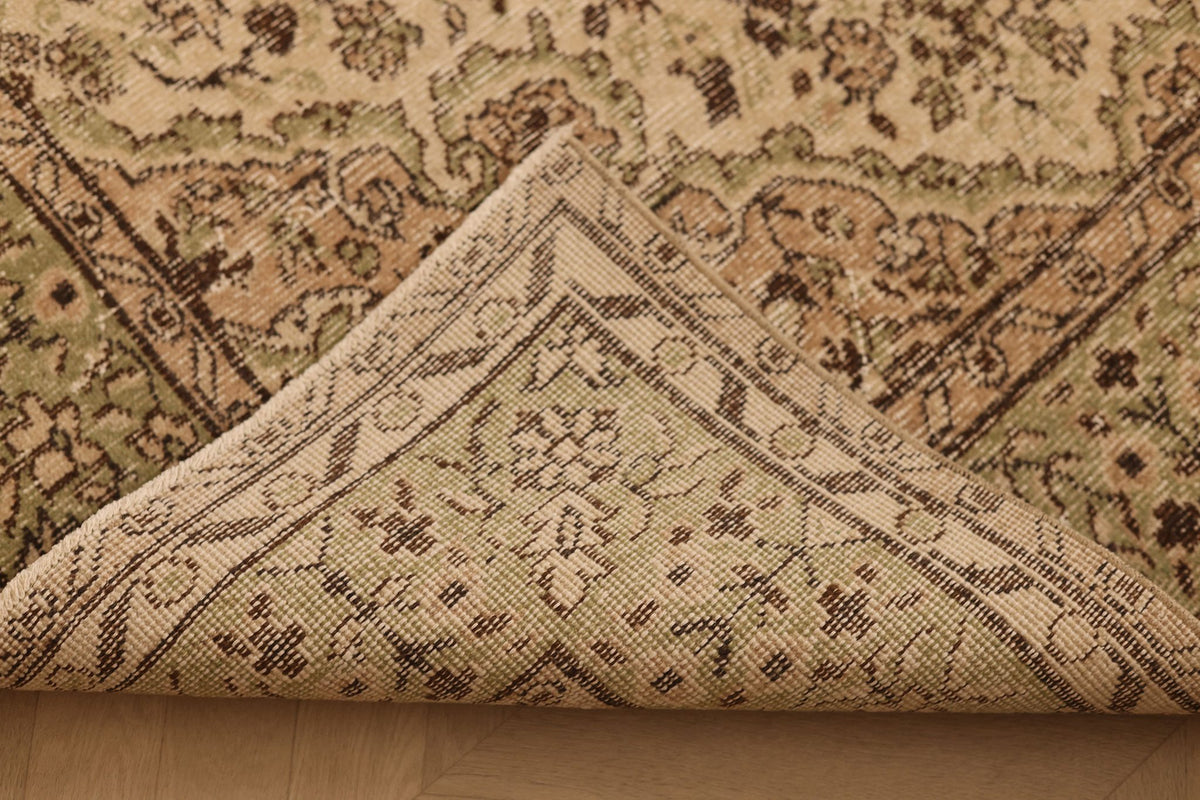 Vintage Isparta Turkish Area Rug 7x10 ft — Beige & Green Floral