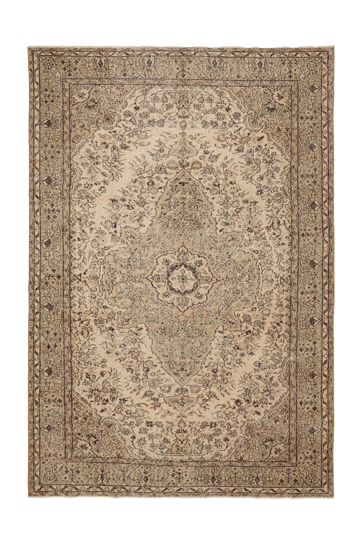 Vintage Isparta Turkish Area Rug 7x10 ft — Beige & Green Floral