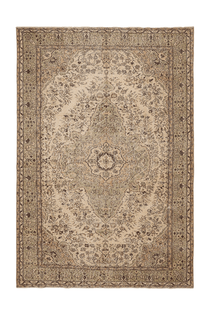 Vintage Isparta Turkish Area Rug 7x10 ft — Beige & Green Floral