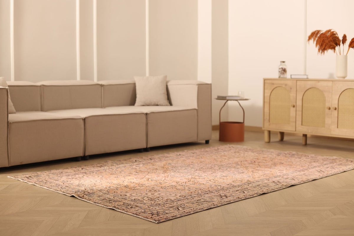 Vintage Isparta Turkish Area Rug 6x9 ft — Beige & Brown Floral